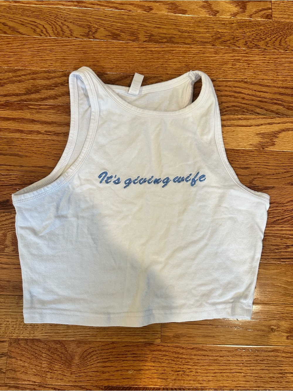 White Cropped Tank with Blue Script